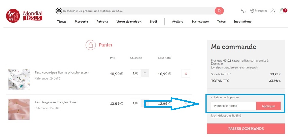 Où mettre mon code promo Mondial Tissus ?
