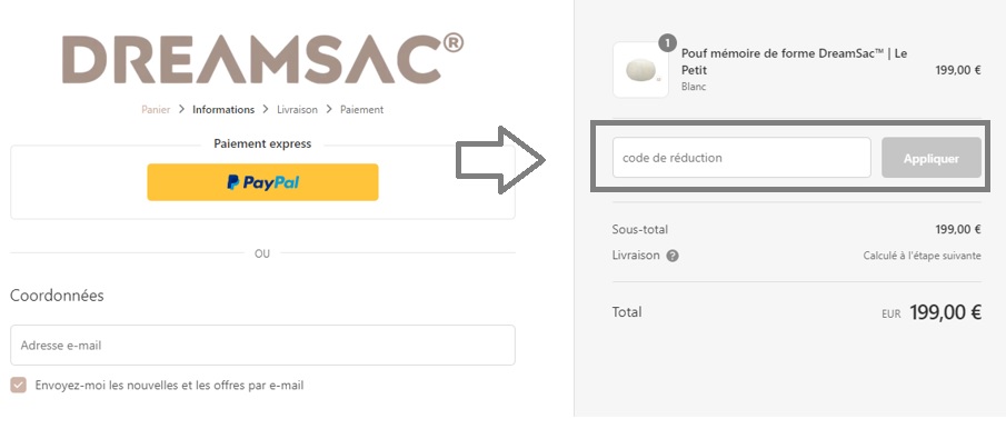 Où mettre mon code promo Dreamsac valide ?